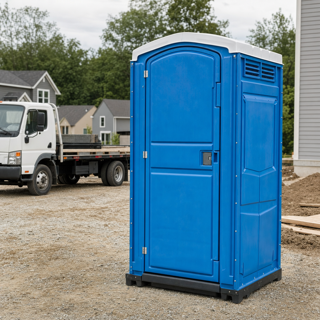 Delivery driver positioning a clean royal-blue portable toilet on level ground at a Napa worksite