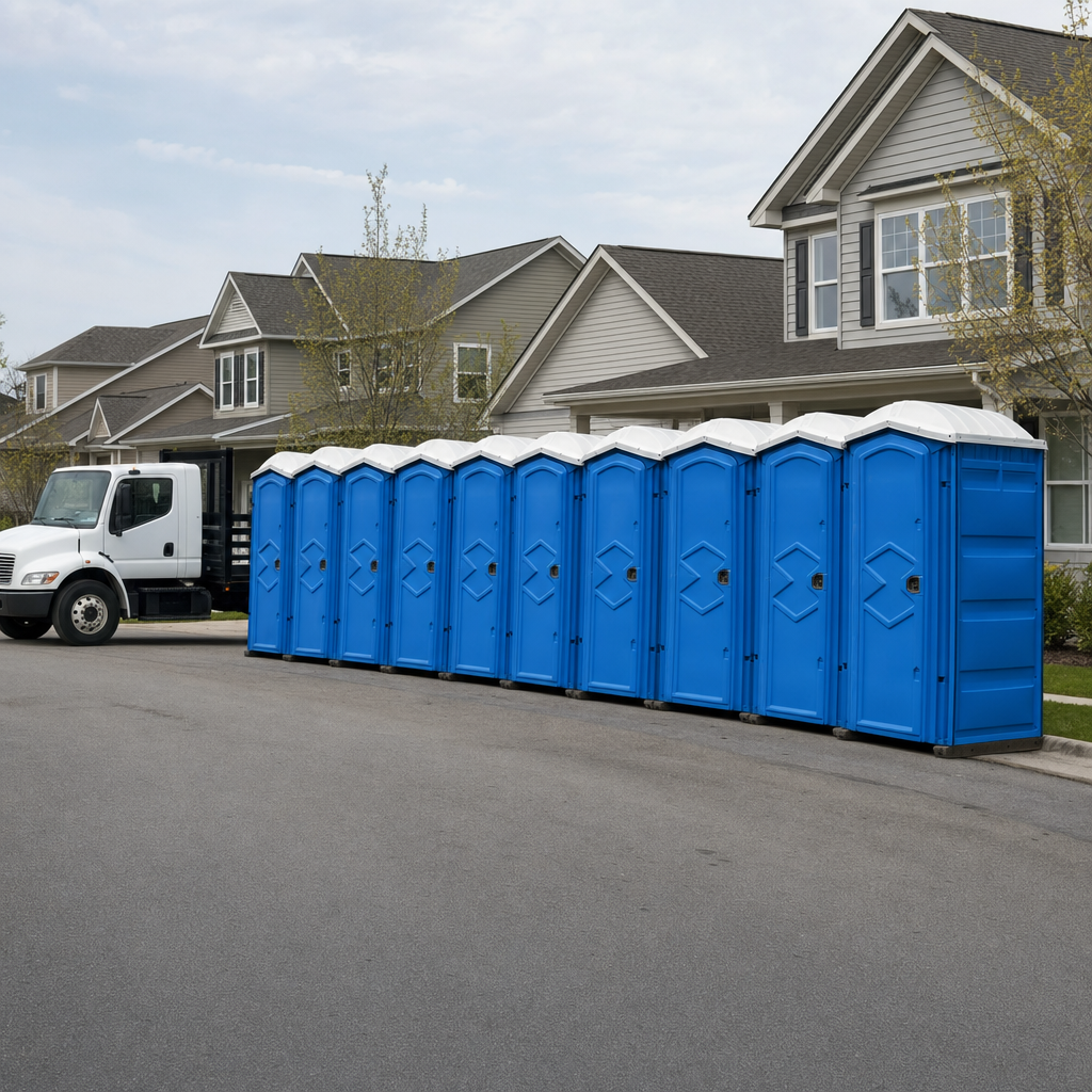 Royal blue portable toilets staged in a tidy row at a Napa jobsite, ready for delivery